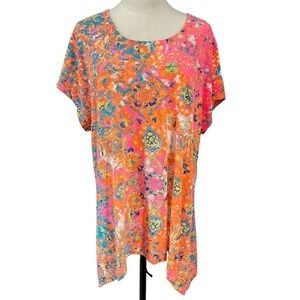 Lulu B Women 1X Tunic Top Pink Orange Floral Paisley Short Sleeve Colorful - CJ